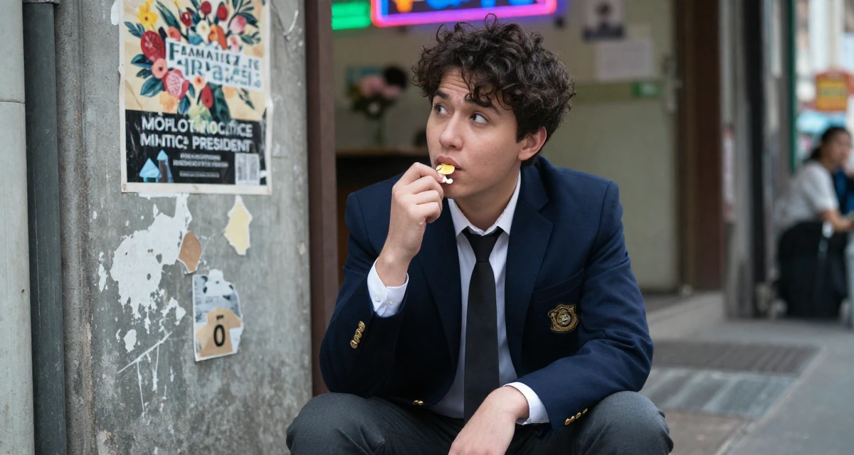 A inspired male Former florist assistant, now making soft, romantic aesthetic content in their 28, questioning whether to scale up or scale back, wearing a school council president uniform with a blazer, humming a tune visually in a neon-lit street.