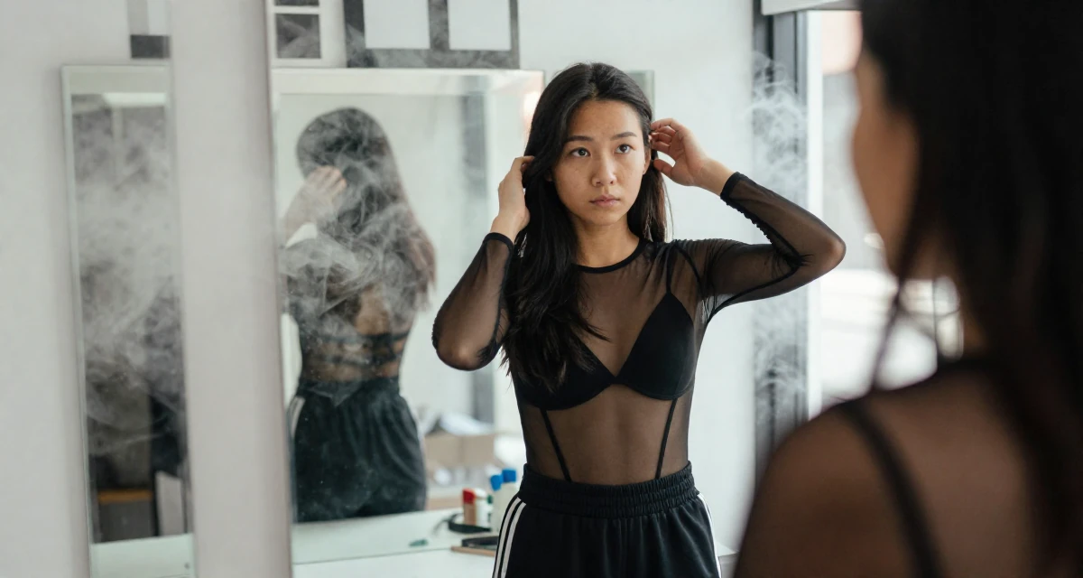 A pensive Female Born Chinese-speaking regions, studied strategic communication in their 25, starting college life away from home, wearing a mesh paneled bodysuit and track pants, tucking hair behind an ear in a vanity mirror.
