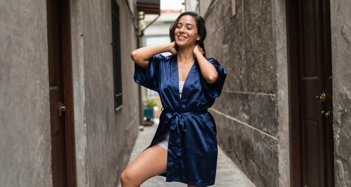 A cheerful Female From El Salvador, studied social communication in their 42, expert in holistic health and herbalism, wearing a silky kimono robe worn open over loungewear, massaging the neck in a narrow hallway.