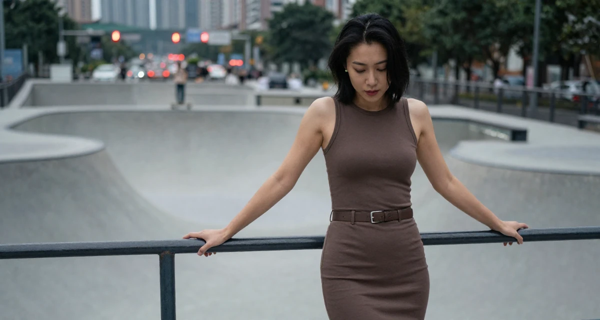 A sultry Female From Chongqing China, holds a degree in psychology in their 39, preparing for a new chapter in a new city, wearing a fitted sleeveless shift dress with a belt, grabbing a railing for support in a skate park.