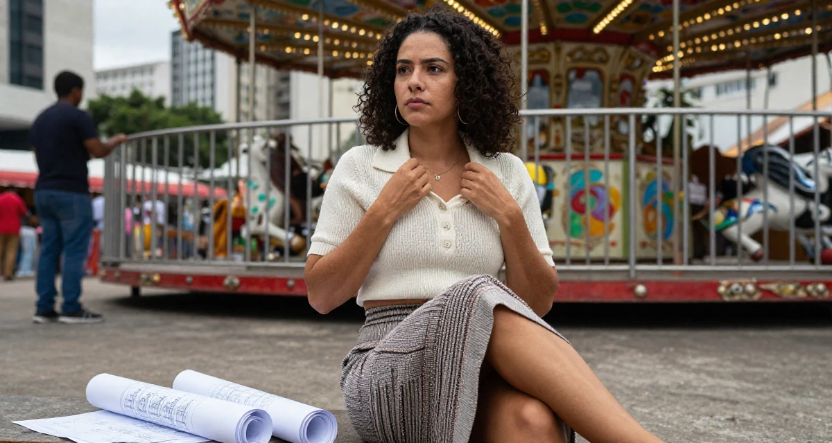 A guarded Female From Brazil, studied fashion merchandising in their 31, digital nomad setting up a base in a new city, wearing a knitted polo shirt tucked into a midi skirt, fixing a collar in a carnival with rides.