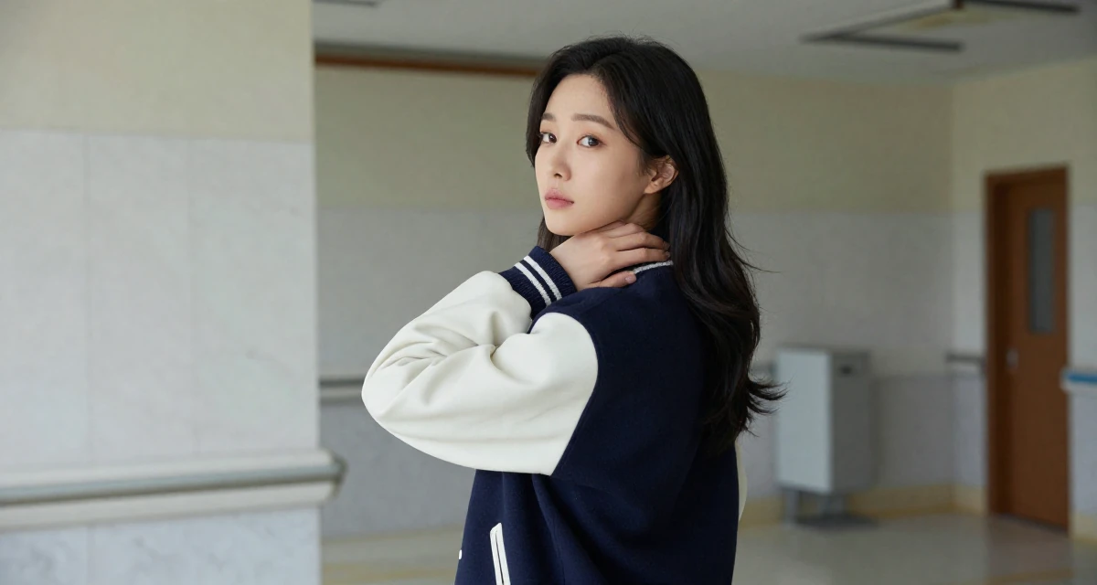 A serene Female From Busan South Korea, majored in industrial design in their 25, recognizing the value of mentorship and guidance, wearing a casual varsity jacket look, stretching the neck in a abandoned hospital.