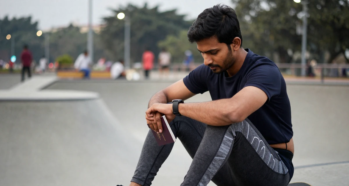 A lonely male From India, based in Bangalore, graduated from a technical institute majoring in information systems in their 23, wearing smart casual and checking a watch, wearing a gym shark style seamless leggings and matching crop top, holding a passport in a skate park.