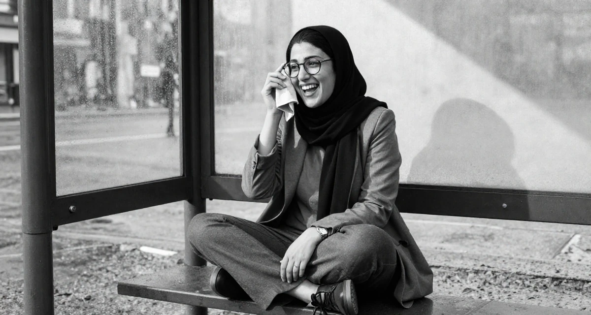 A enthusiastic Female From Arabic-speaking world, majored in geology in their 48, confident public speaker and thought leader, wearing a comfortable urban casual outfit, cleaning glasses with a cloth in a bus stop in the rain.