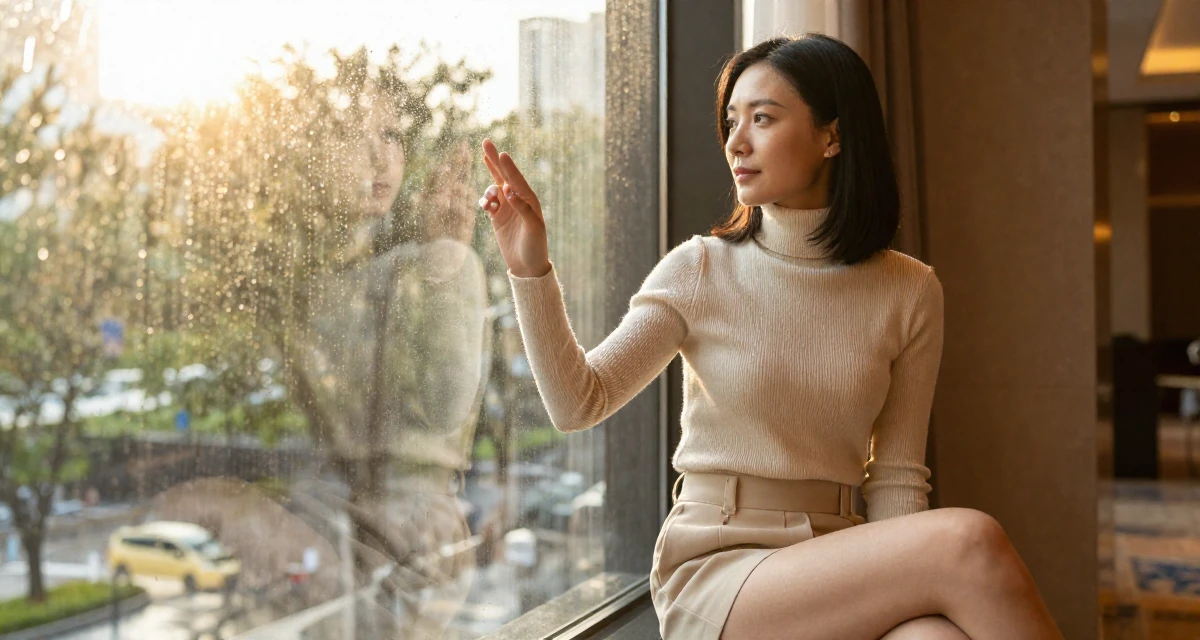 A reassured Female From Chongqing China, holds a degree in psychology in their 29, carrying invisible pressure to stay relevant, wearing a turtleneck sweater tucked into high-waisted shorts, checking a reflection in a window in a luxury hotel lobby.