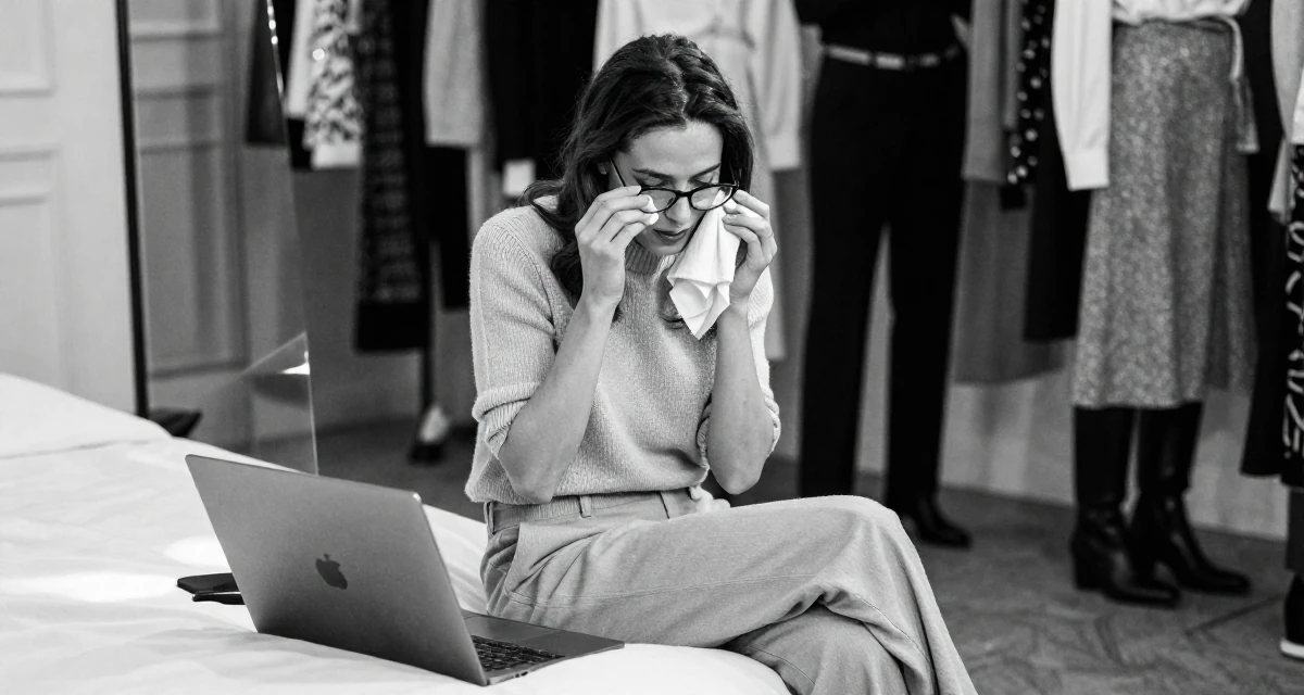 A relaxed Female From France, trained in perfumery and chemistry in their 33, expert in productivity and time management, wearing a monochromatic beige outfit with a knit top and trousers, cleaning glasses with a cloth in a fashion runway.