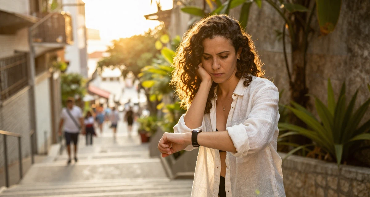 A suspicious Female From Rio de Janeiro Brazil, majored in public relations in their 23, decoding the unwritten rules of corporate life, wearing a translucent linen shirt worn over a swimsuit, glancing at a wristwatch in a winding staircase.