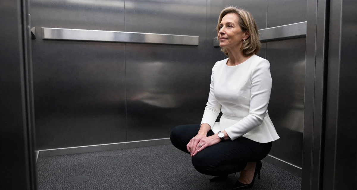 A composed Female Raised in the UK, studied marketing strategy in their 50, sharing the secrets of graceful aging, wearing a white peplum top and skinny black trousers, playing with a ring on a finger in a corporate elevator.