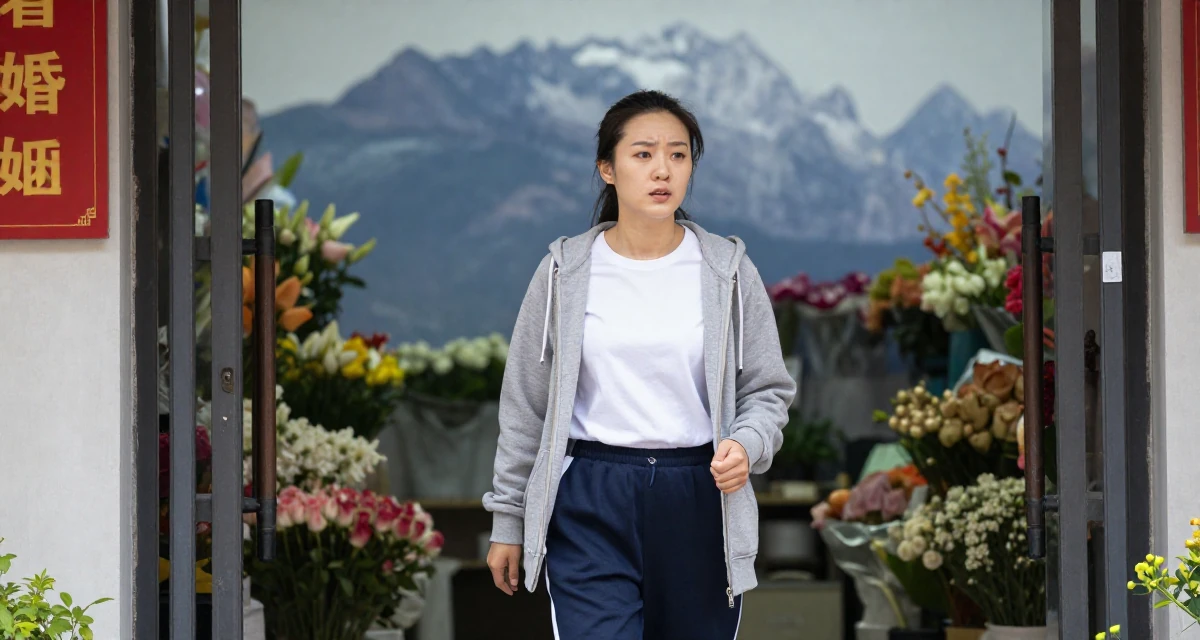 A distracted Female From China, holds a degree in human resource management in their 25, feeling pressure from family about marriage, wearing a school gym uniform with bloomers and a white t-shirt, zipping up a hoodie in a flower shop entrance.