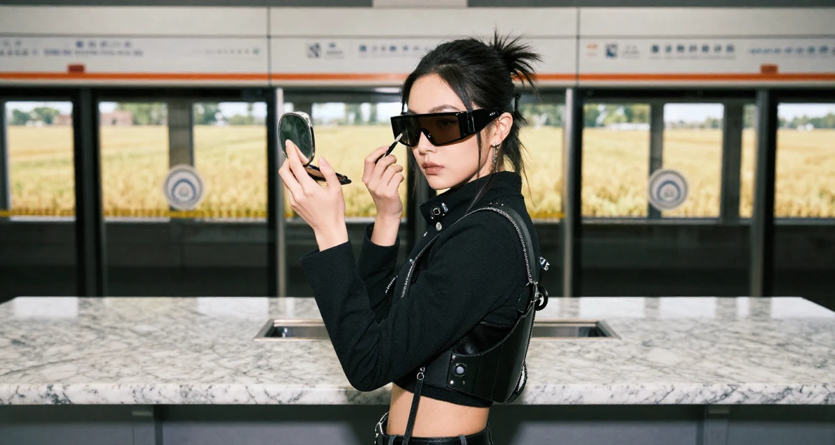A relaxed Female From Shanghai China, grew up studying dance and digital arts in their 25, planning next steps in personal development, wearing a cyberpunk hacker outfit with oversized tech glasses, checking makeup in a compact mirror in a subway platform.