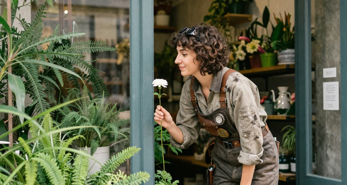 A cheerful Female From Portugal, based in Porto, graduated from a polytechnic majoring in visual media in their 32, sharing easy DIY home improvement projects, wearing a steampunk mechanic jumpsuit with grease stains, holding a single flower in a flower shop entrance.