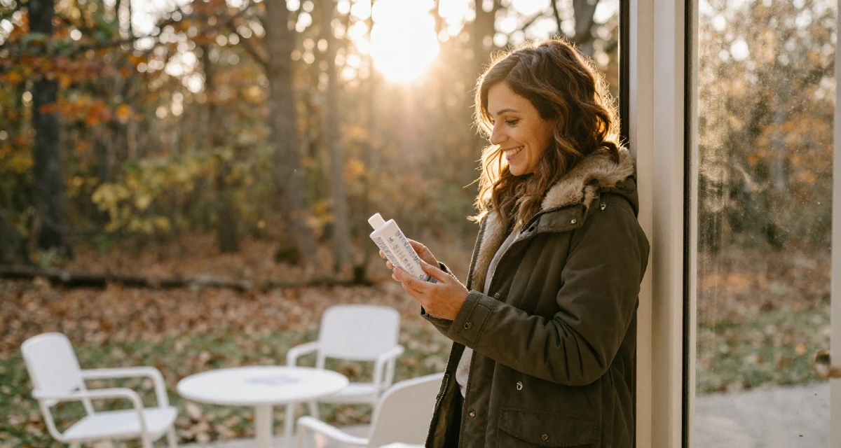 A glowing Female From Madrid Spain, studied journalism in their 40, sharing the joy of adoption and family, wearing a stylish parka jacket, examining a product in a autumn forest.