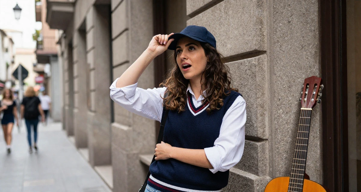 A spirited Female Grew up in Spain, studied international business in their 22, building early digital portfolios, wearing a classic collegiate style, tipping a hat in a bustling city street.