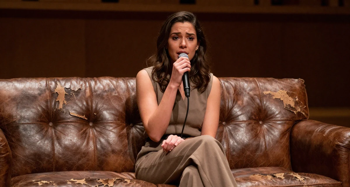 A emotional Female From the Netherlands, studied user experience design in their 25, pushing through rejection from collab requests, wearing a muted earth-tone clothing set, humming a tune visually in a concert hall.