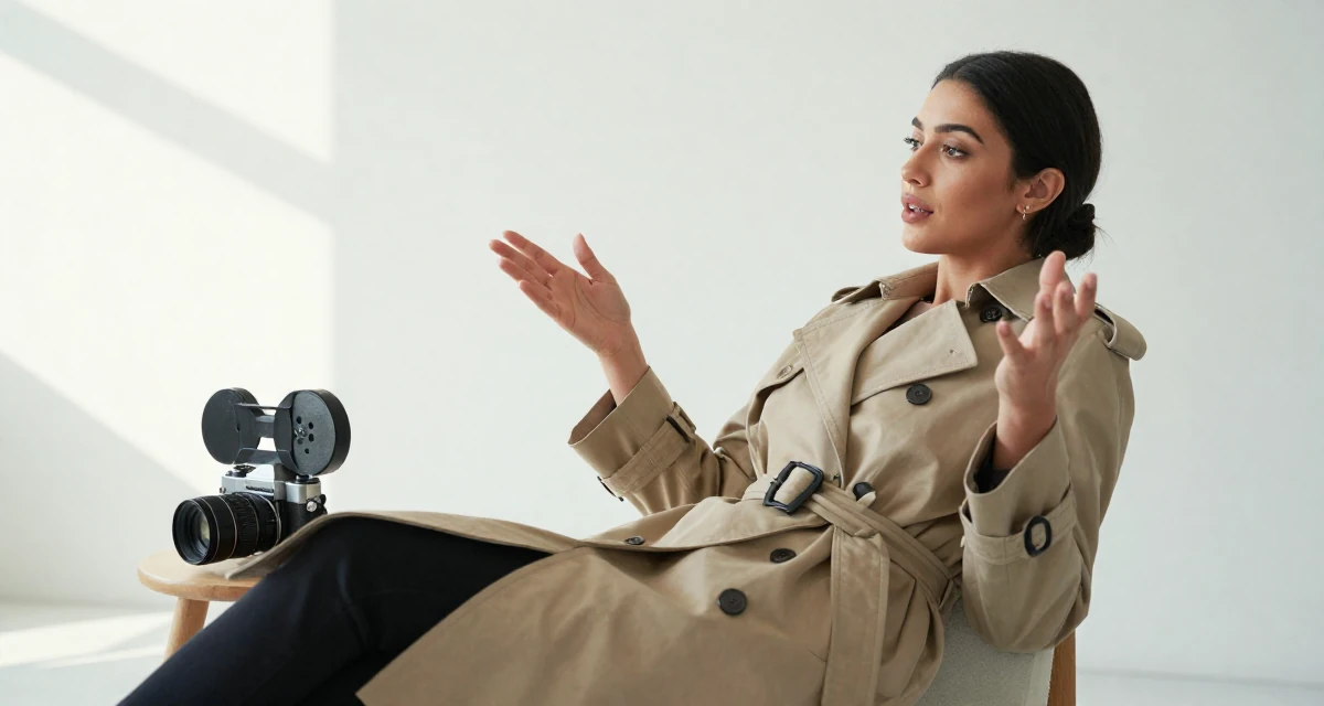 A confident and poised Female From Qatar, majored in media production and editing in their 27, investing in equipment instead of vacations, wearing a long trench coat belted tightly at the waist, gesturing while talking in a photo studio.