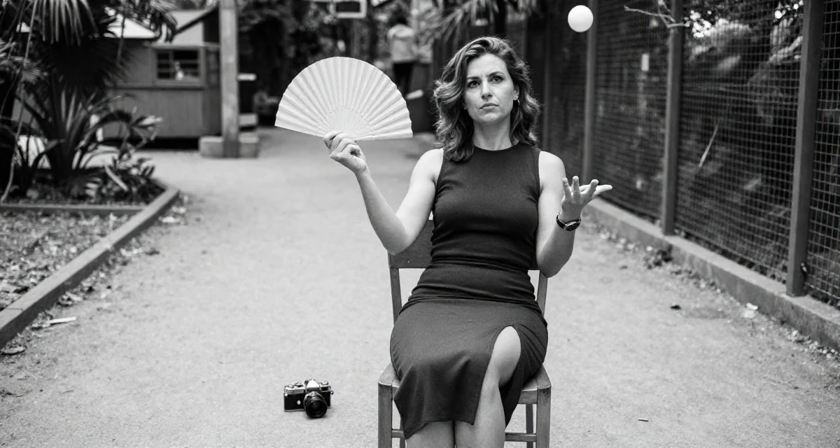 A defiant Female From Berlin Germany, explored body art and alternative fashion scenes in their 25, juggling part-time jobs with studies, wearing a long pencil skirt with a high side slit, fanning self with a hand in a zoo pathway.