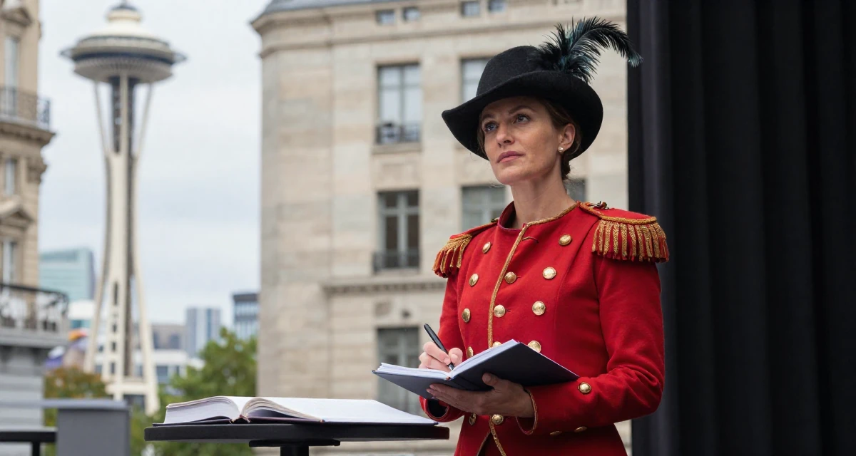 A serene Female From Paris France, studied artistic nude photography as a creative discipline in their 42, expert consultant sharing industry secrets, wearing a royal musketeer tunic with a feathered hat, writing in a notebook in a theater stage.