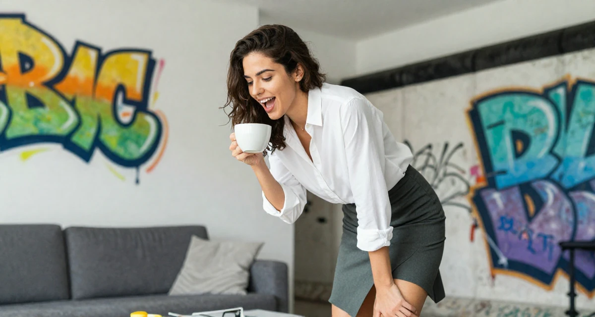 A ecstatic Female From Australia, has a degree in environmental science in their 23, discovering the thrill of tasteful seduction, wearing a asymmetrical hem skirt and a crisp white shirt, holding a cup of coffee in a home interior.