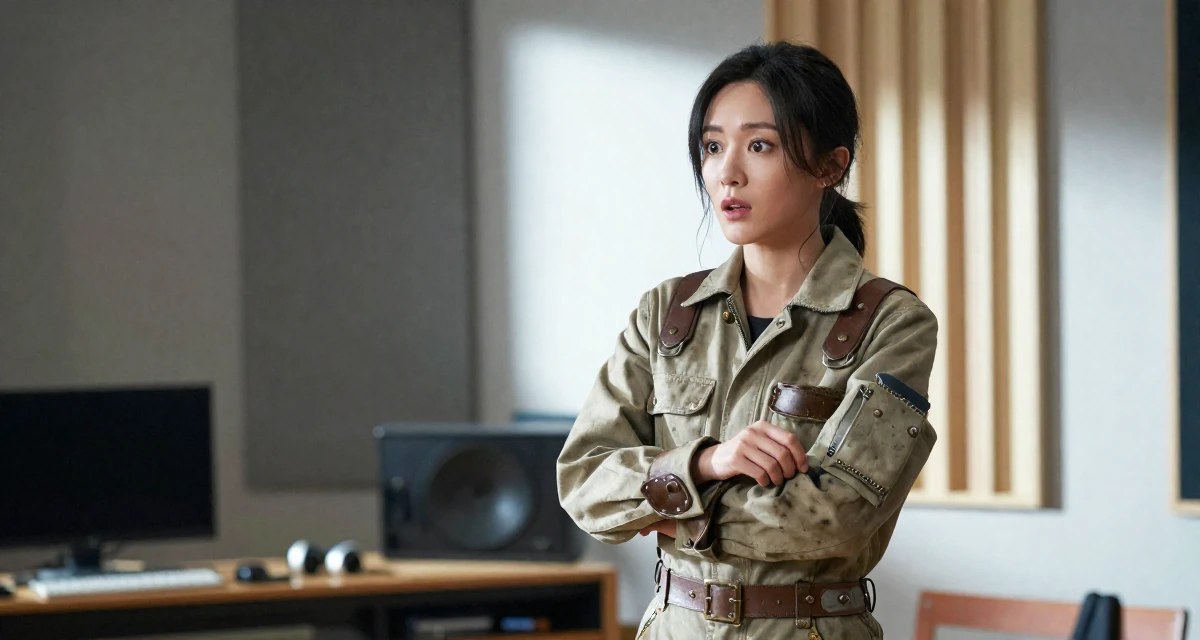 A awestruck Female Former geography club member, now producing exploration-themed content in their 25, shaping long-term career direction, wearing a steampunk mechanic jumpsuit with grease stains, fixing a cufflink in a music recording studio.