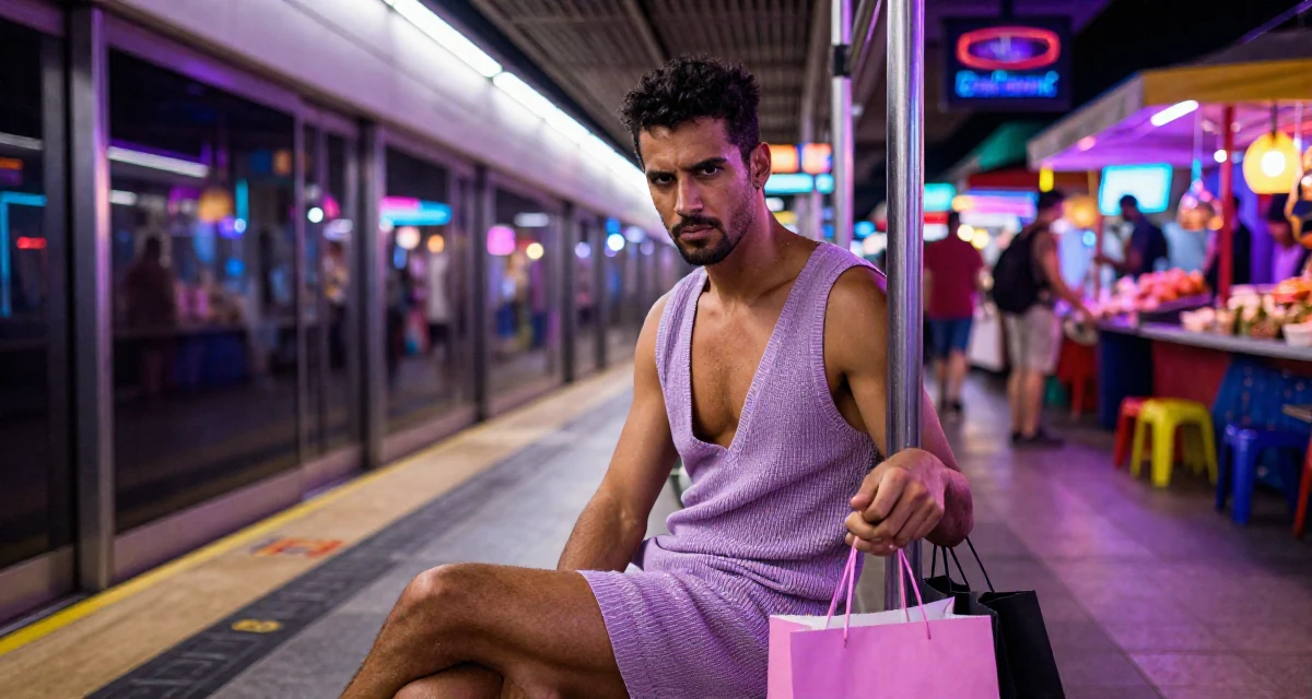 A intimidating male From Mauritius, studied digital marketing in their 20, living entirely for the aesthetic of the moment, wearing a soft knit dress with a plunging neckline, holding a shopping bag in a subway platform.