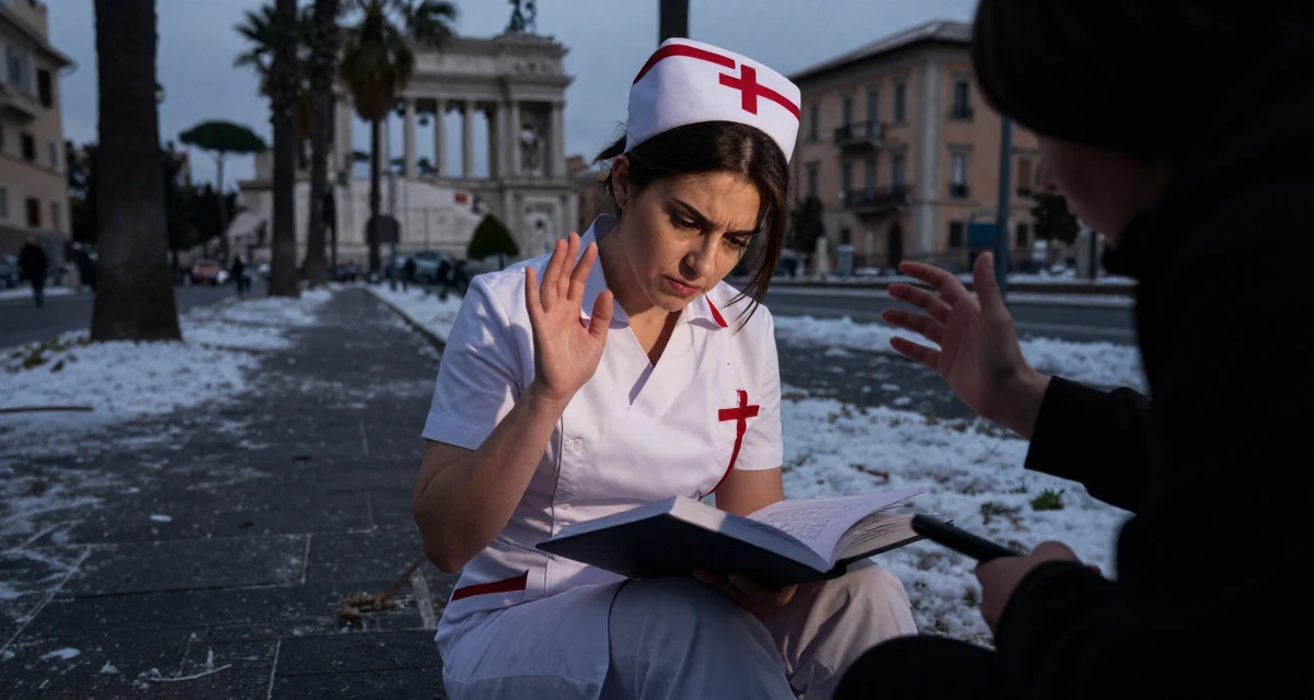 A stressed Female From Rome Italy, studied classical body aesthetics and figure drawing in their 36, documenting the process of writing a book, wearing a nurse cosplay uniform with a stylized cap, waving to someone in a snowy sidewalk.