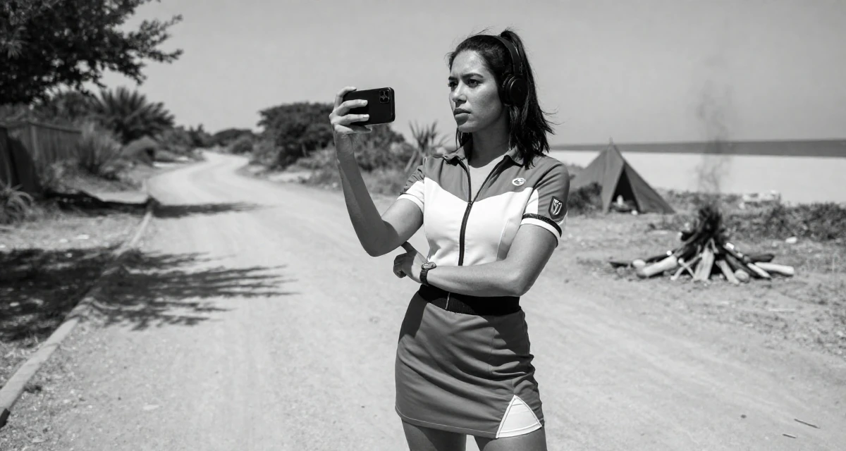 A yearning Female Born in Indonesia, studied brand communication in their 23, refining their taste in art and music, wearing a race queen outfit with a zipper front and mini skirt, snapping a photo with a phone in a zoo pathway.