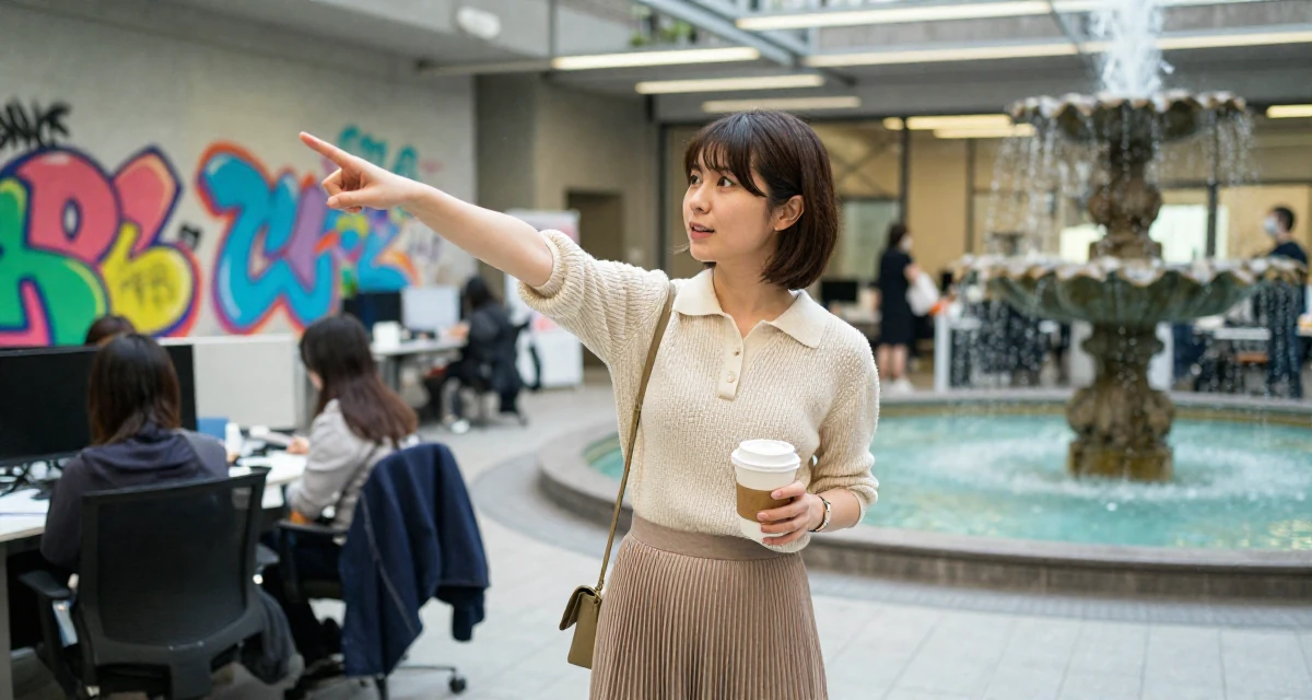 A refreshed Female From Kyoto Japan, practiced artistic nude photography as self-expression in their 22, preparing for upcoming graduation requirements, wearing a knitted polo shirt tucked into a midi skirt, holding a cup of coffee in a office workspace.