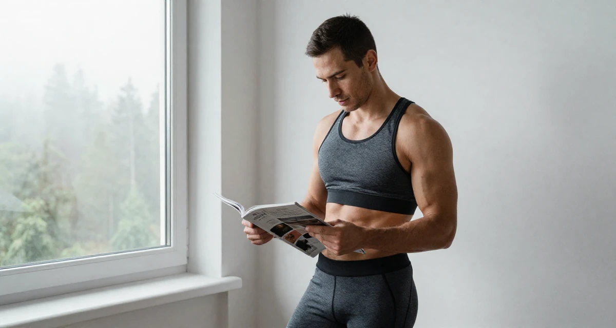 A open and honest male From Finland, studied agricultural economics in their 24, taking creative work more seriously, wearing a form-fitting athletic set with a sports bra and leggings, flipping through a magazine in a high-rise office building.