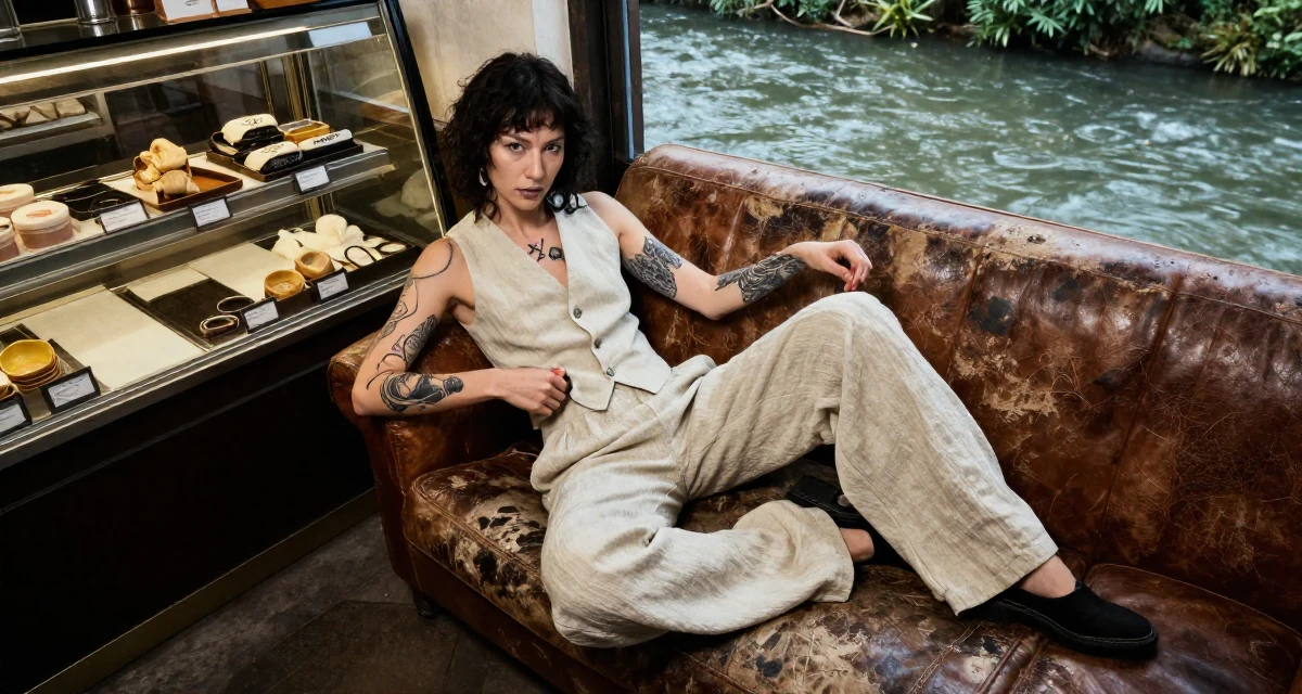 A mysterious Female Once a tattoo apprentice, now a creator blending ink culture and lifestyle in their 49, noticing early burnout signs, wearing a sleeveless vest top and wide-leg linen pants, rolling up sleeves in a bakery counter.
