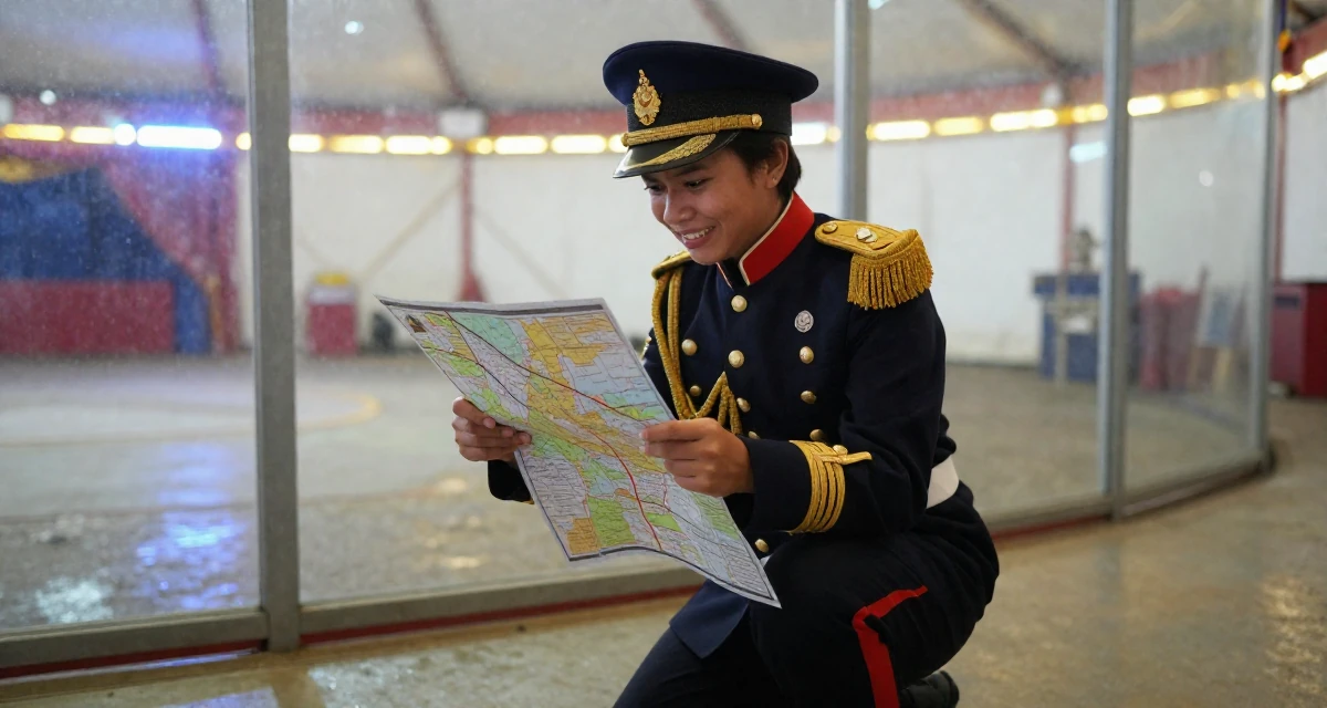 A smirking Female Born in Indonesia, studied brand communication in their 20, feeling a mix of excitement and deep anxiety, wearing a imperial officer uniform with a peaked cap, looking at a map in a circus tent interior.
