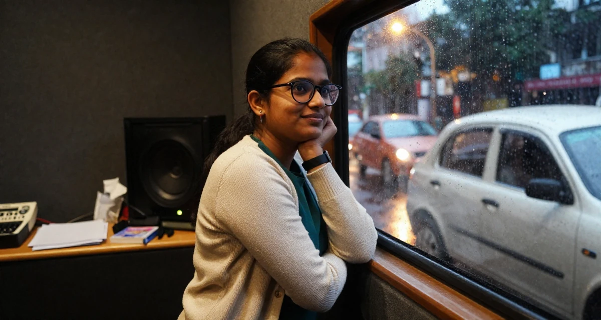 A warm and welcoming Female From India, based in Bangalore, graduated from a technical institute majoring in information systems in their 25, still unsure how to price beginner subscriptions, wearing a librarian outfit with glasses and a tight cardigan, watching traffic pass by in a recording booth.