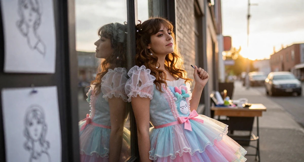 A serene Female From USA, studied anthropology and folklore in their 27, feeling stuck between passion and survival, wearing a candy-themed magical girl dress with pastel colors, holding a pen in a neon-lit street.