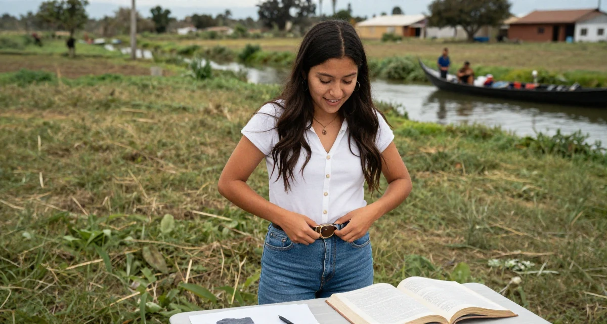 A delighted Female From Mexico, based in Guadalajara, graduated from a cultural academy majoring in expressive body movement in their 25, managing inconsistent confidence when creating content, wearing a retro 90s casual vibe, fixing a belt buckle in a farm field.