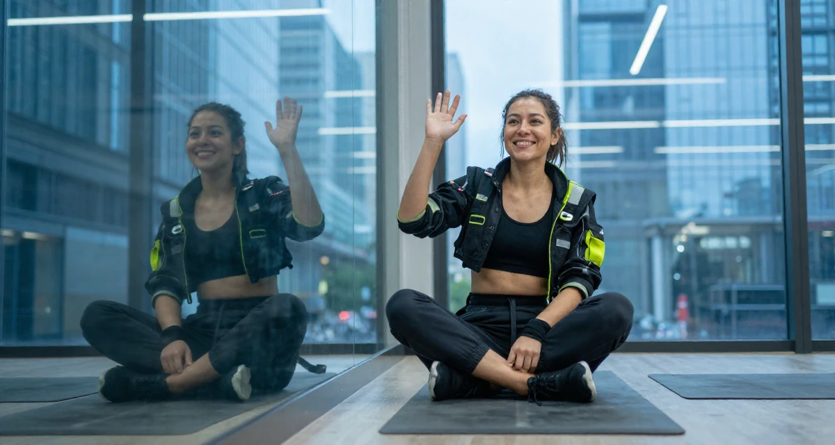 A cheerful Female Once a delivery driver, now a confidence-focused body-positive creator in their 24, looking for meaning beyond the paycheck, wearing a cyberpunk street samurai gear with neon accents, waving to someone in a yoga studio.