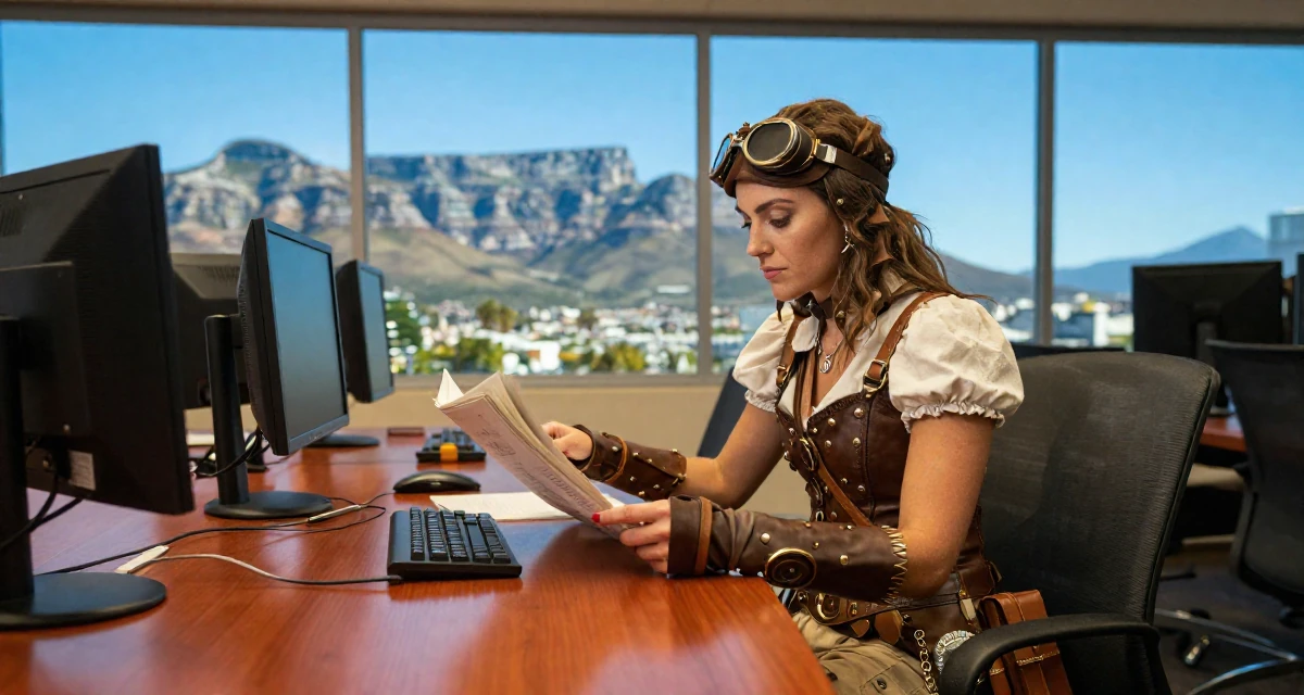 A focused and sharp Female From Cape Town South Africa, learned outdoor modeling and posing in their 22, sacrificing weekends for content planning, wearing a steampunk adventurer outfit with a corset and goggles, turning a page in a cybernetic computer lab.