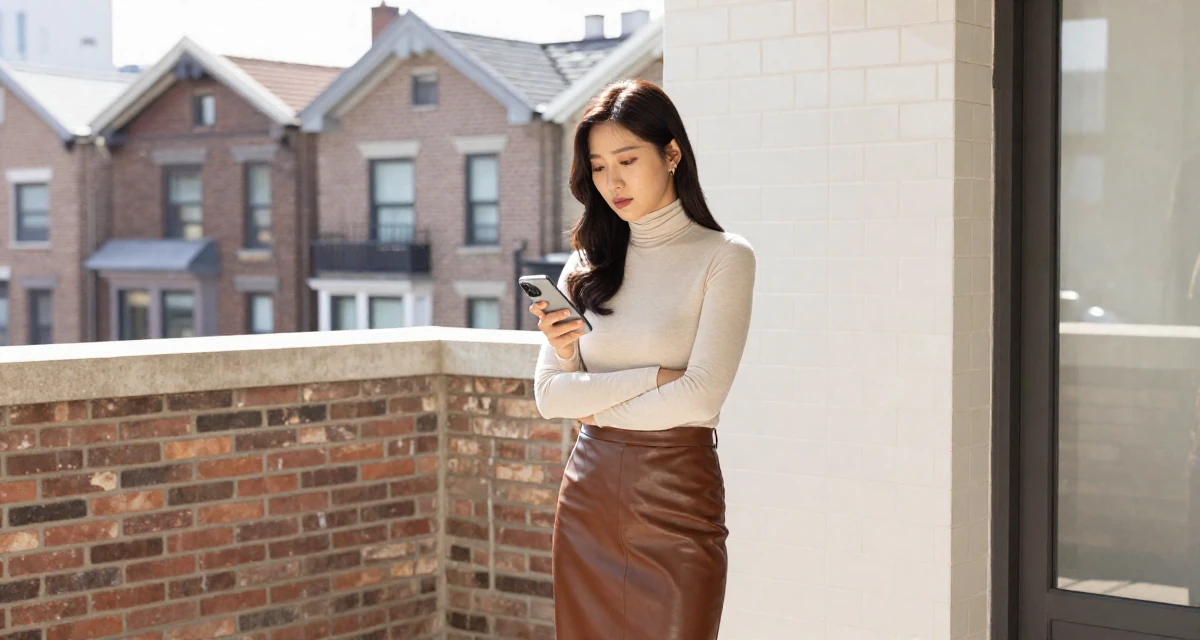 A reflective Female From Seoul South Korea, studied K-style beauty and content editing in their 27, learning that passion doesn’t protect you from stress, wearing a fitted turtleneck and a leather midi skirt, typing a message in a loft apartment with brick walls.