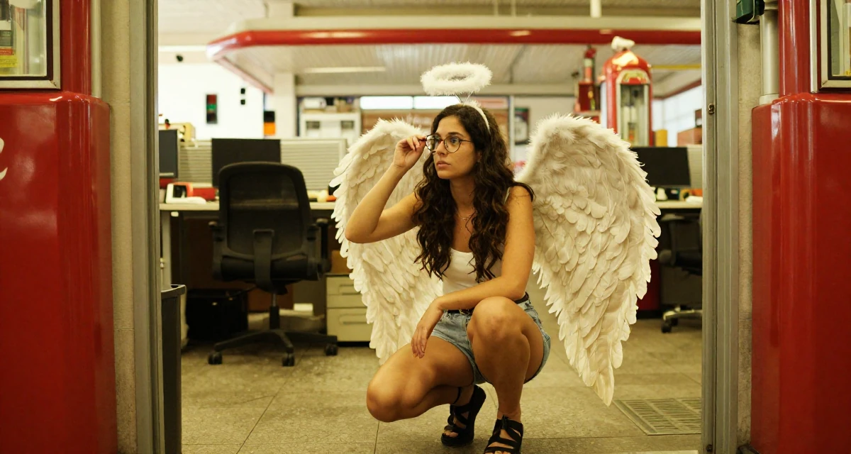 A relaxed and observant Female From Lisbon Portugal, learned storytelling through movement in their 25, calculating every purchase because income is unstable, wearing a angel costume with large feathered wings and a halo, pushing glasses up the nose in a office workspace.