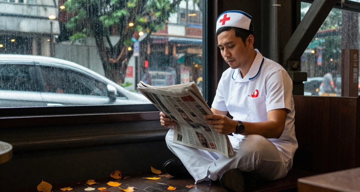 A quietly confident male From Manila Philippines, learned stage presence from bar performance work in their 55, exploring digital entrepreneurship, wearing a nurse cosplay uniform with a stylized cap, holding a newspaper in a rainy window seat.