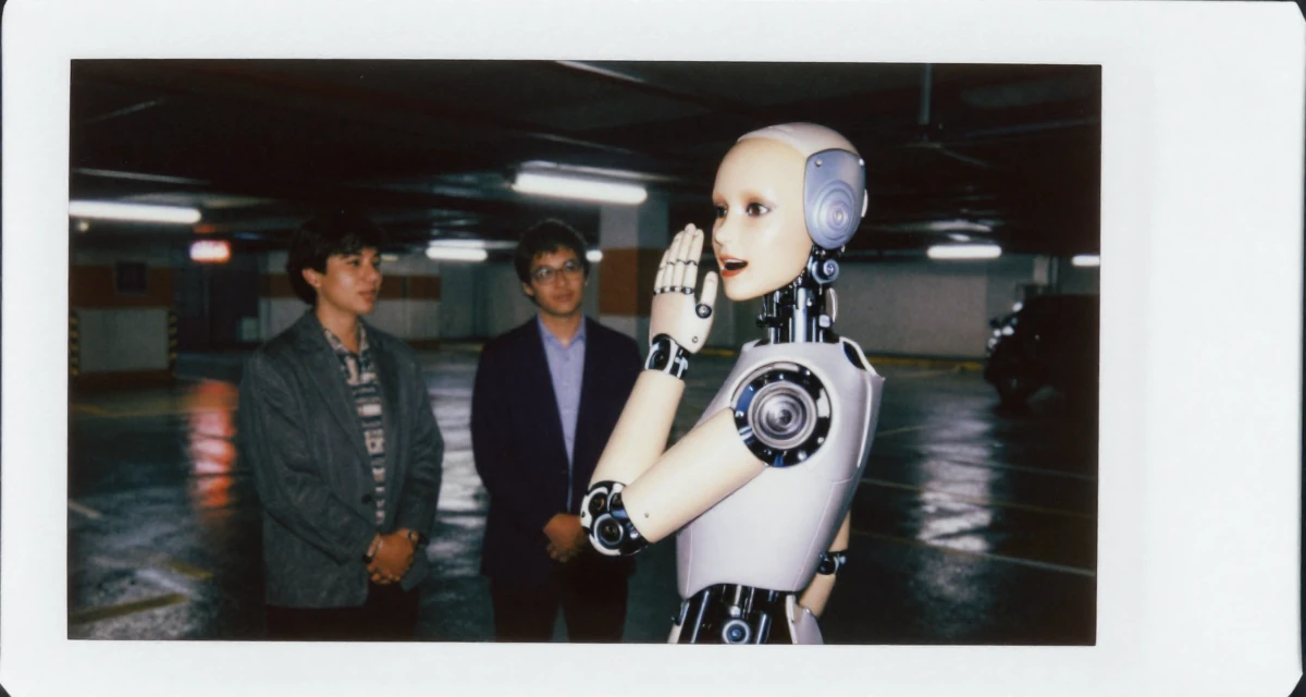 A compassionate Female From South Africa, majored in development studies in their 43, mentoring young professionals in the field, wearing a cybernetic doll outfit with porcelain-like skin textures, covering a laugh with one hand in a underground parking garage.