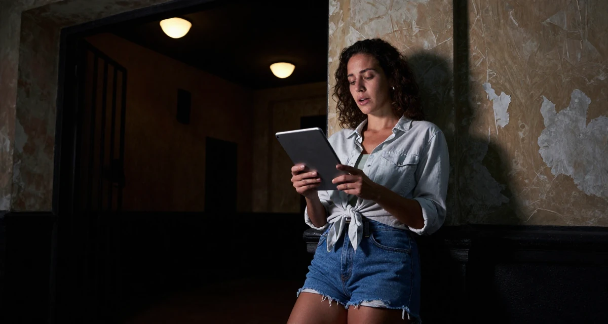 A surprised Female Grew up in Argentina, majored in audiovisual production in their 34, creating content about pet care and training, wearing a button-down shirt tied at the waist and denim cutoffs, holding a tablet device in a cinema entrance.