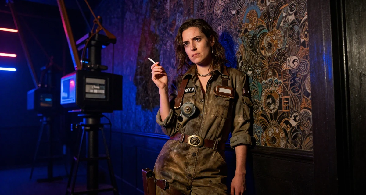 A impatient Female From Canada, holds a degree in accounting in their 21, constantly documenting life for an audience, wearing a steampunk mechanic jumpsuit with grease stains, holding a cigarette (lit or unlit) in a concert hall.