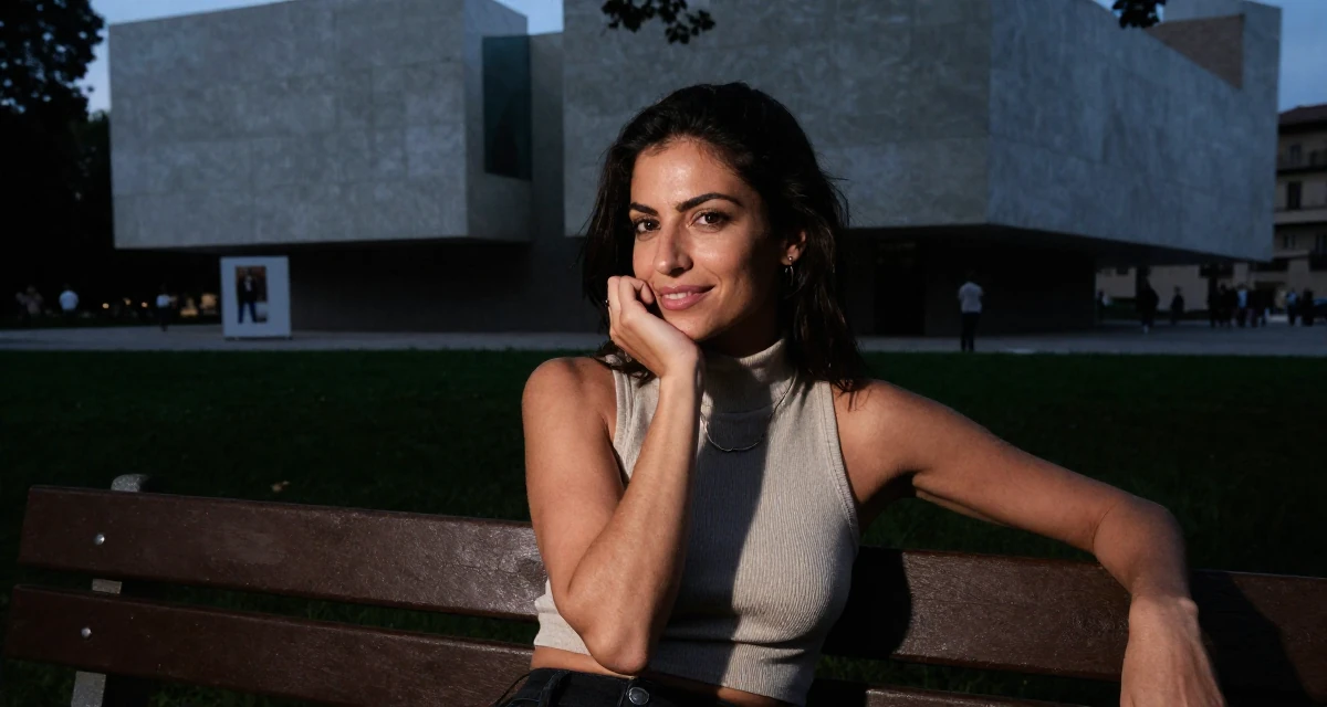 A hopeful Female From Italy, based in Bologna, graduated from a local university majoring in media production in their 42, passionate about sustainable luxury living, wearing a high-neck sleeveless crop top showing toned arms, resting a chin on a hand in a park bench.