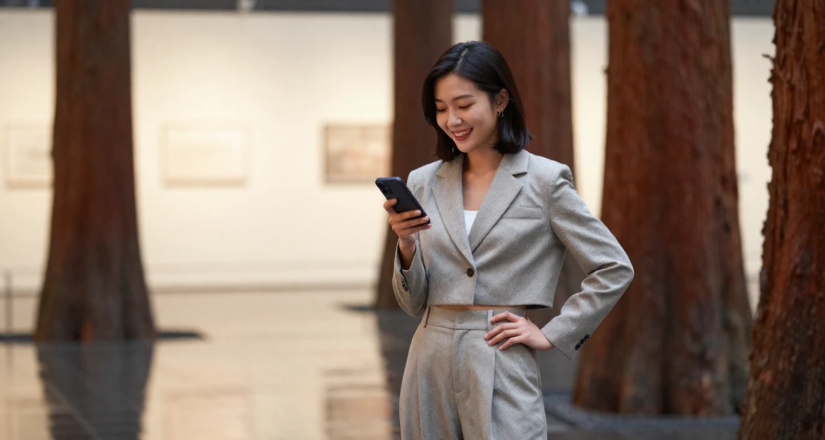 A bright and optimistic Female From Taiwan, based in Taichung, graduated from an arts academy majoring in visual storytelling in their 28, facing that growth sometimes plateaus for months, wearing a cropped blazer and high-waisted trousers set, reading a text message in a museum exhibit.