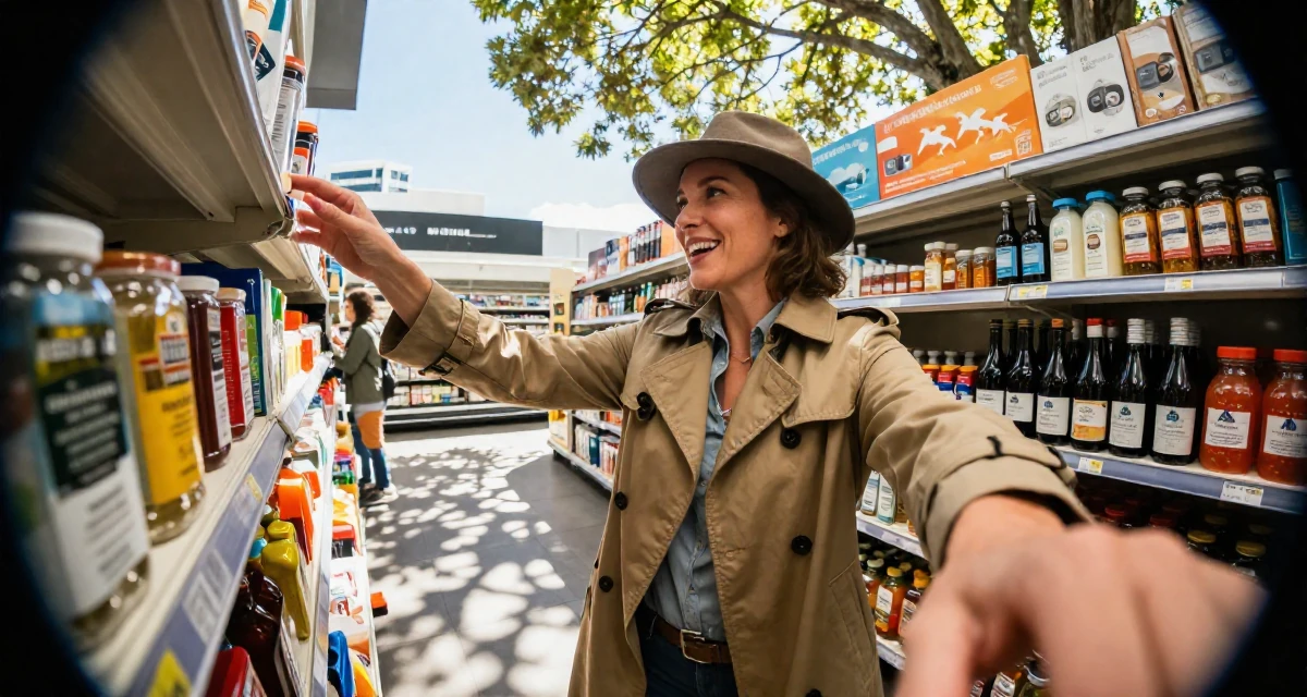 A joyful Female From Auckland New Zealand, studied animation in their 48, reviewing luxury travel destinations, wearing a detective trench coat and fedora hat, smiling at a stranger in a supermarket aisle.