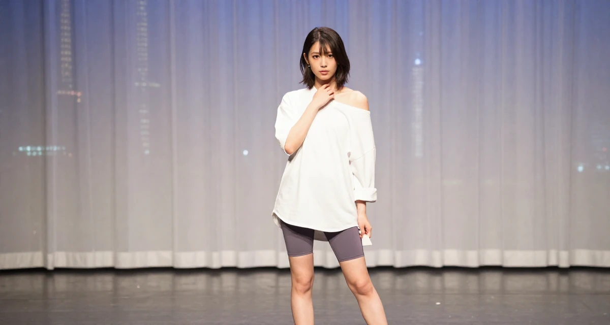A determined Female From Tokyo Japan, studied gravure-style posing and aesthetic direction in their 22, facing creative blocks during busy weeks, wearing a oversized white shirt worn off one shoulder and biker shorts, pulling up a sock in a empty theater stage.