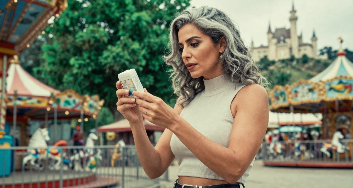 A bewitching Female From Arabic-speaking world, majored in health administration in their 48, embracing grey hair with style and grace, wearing a high-neck sleeveless crop top showing toned arms, examining a product in a carnival with rides.