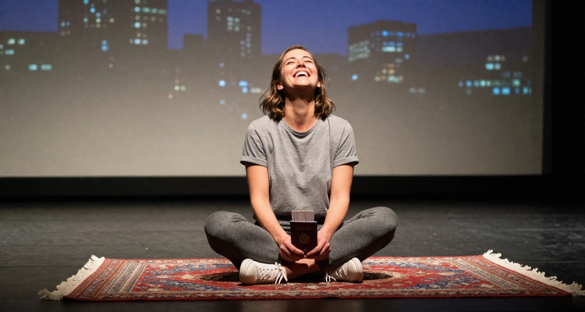 A satisfied Female From Norway, studied user experience design in their 21, laughing openly with head thrown back, wearing a grey tones casual wear, holding a passport or ticket in a empty theater stage.