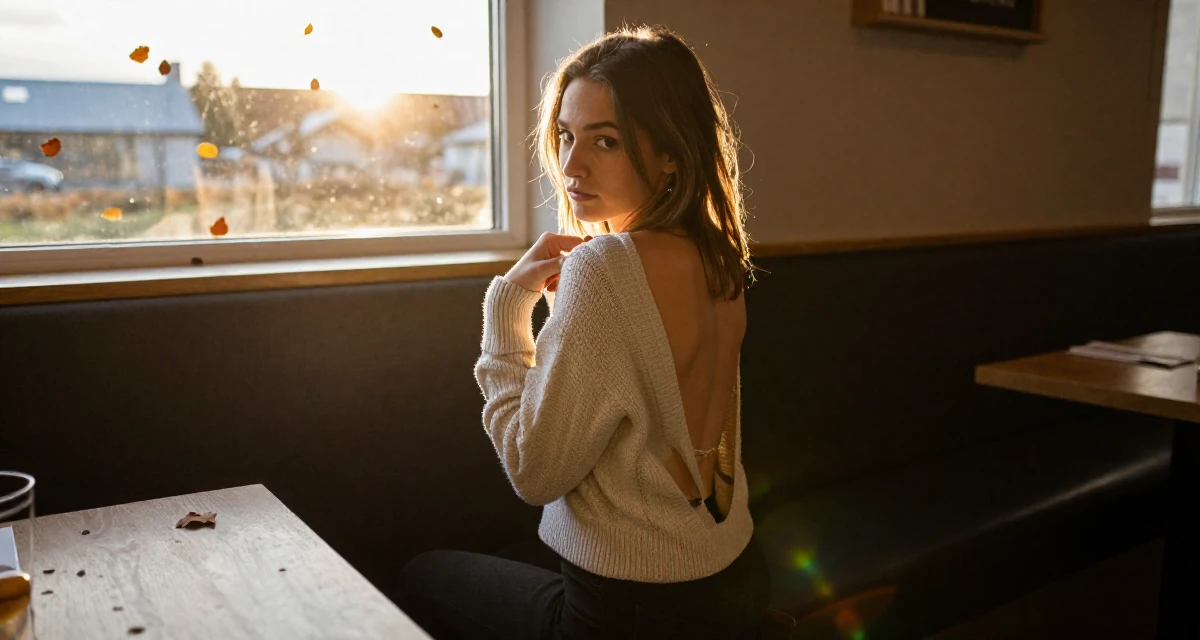 A wistful Female Raised in Iceland, majored in creative digital strategy in their 25, realizing fans respond to confident playful energy, wearing a open-back sweater showing the spine, adjusting a shoulder strap in a restaurant booth.
