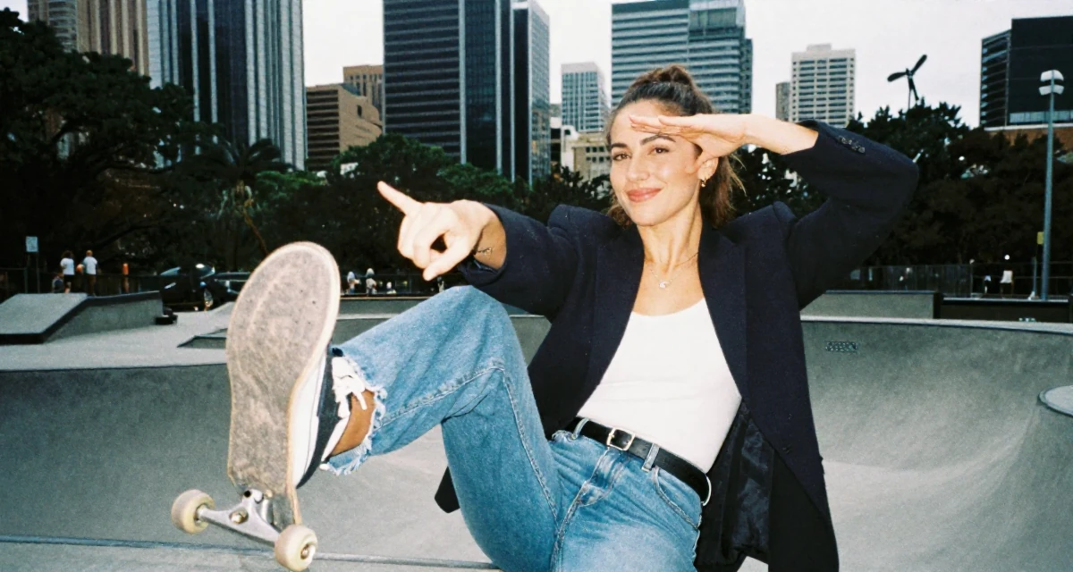 A sweet Female From Sydney Australia, trained in pole fitness and expressive dance in their 20, experimenting with a bold new personal style, wearing a business casual outfit with jeans and a blazer, shading eyes with a hand in a skate park.