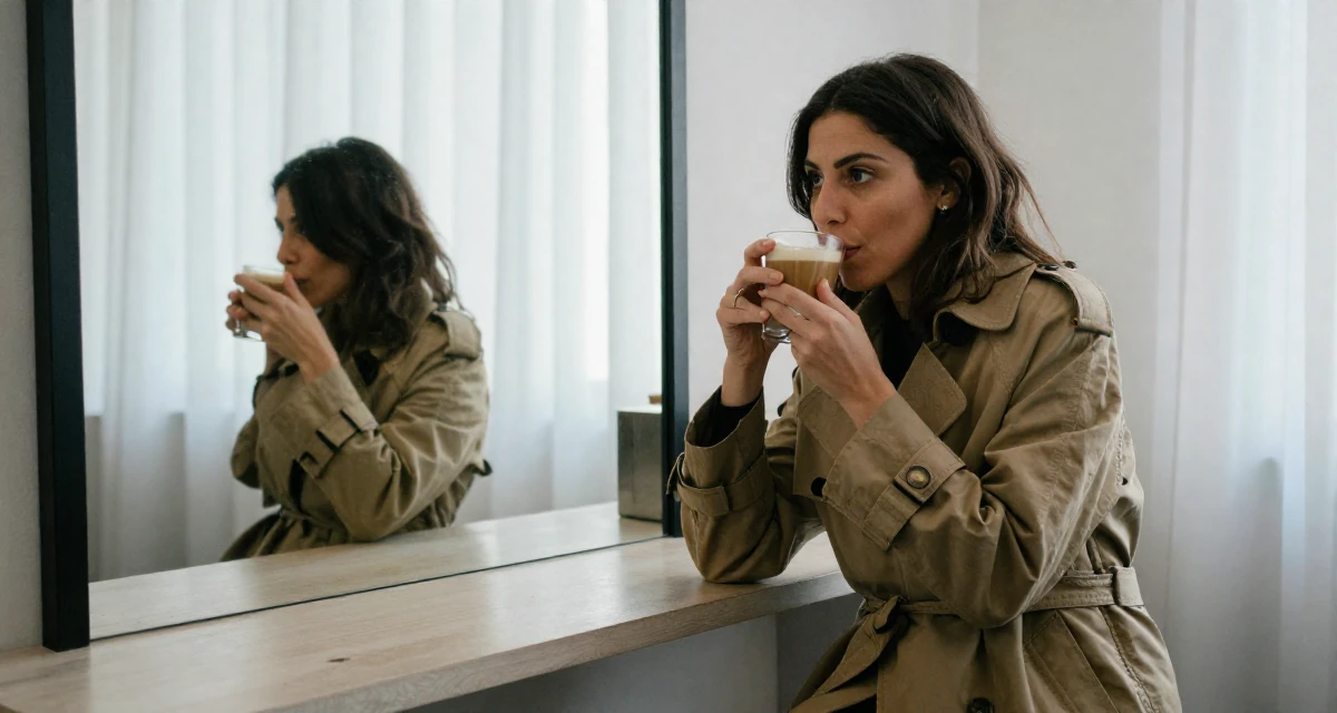 A pensive Female From Buenos Aires Argentina, trained in tango and partner flow in their 34, seeking spiritual or philosophical growth, wearing a long trench coat belted tightly at the waist, sipping a latte in a vanity mirror.